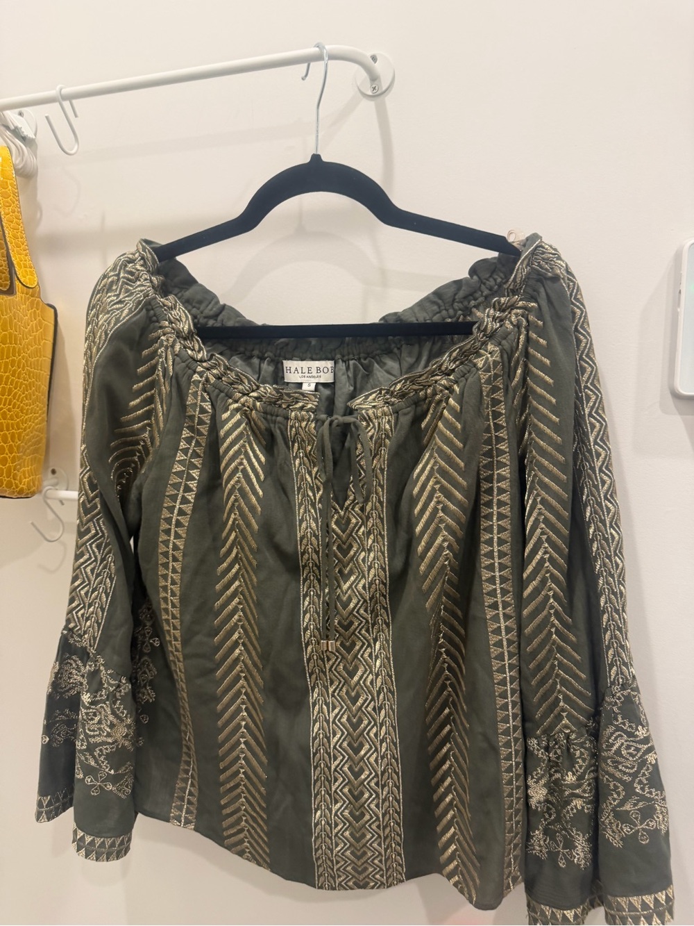 Hale Bob off the Shoulder Olive Green Embroidered Peasant Blouse